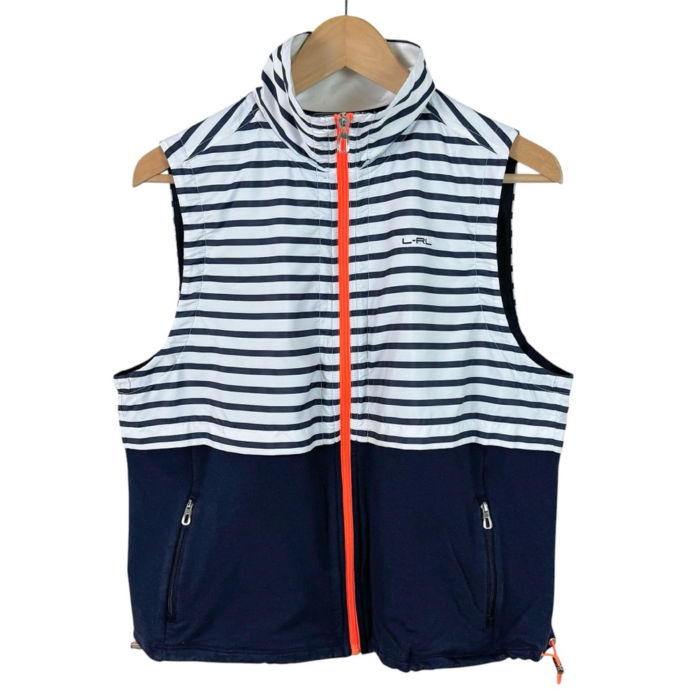 Lauren Ralph Active Vest Women’s Large Petite Stripes Blue White Zip Up Pockets